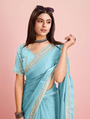 Sky Blue Sequin Embroidered Border Organza Saree for girl