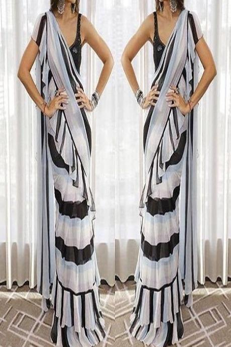 White Color Party Wear Two Layer Ruffle Saree SY 5329