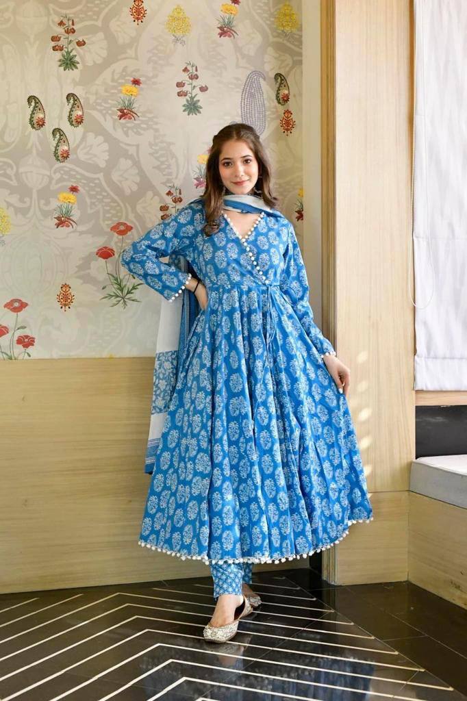 Buy Wedding Wear Attractive Blue Color Printed Gown