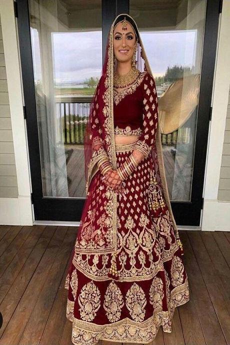 Maroon Embroidered Attractive Velvet Lehenga Choli Bridal