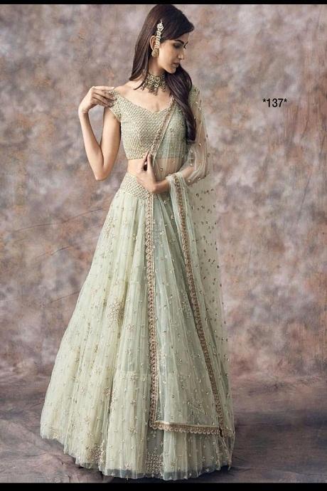 Mononet Green Embroidered Semi Stitched Net Lehenga