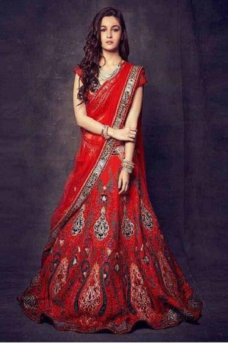 Red Heavy Embroidered Work Party Wear Lehenga Choli Designe