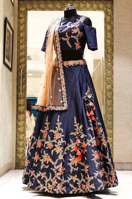 Midnight Blue Lehenga With Peach Blouse Designs