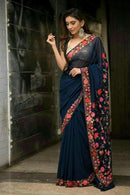 Navy Blue Color Party Wear Embroidery Work Jacquard Saree SY 5278