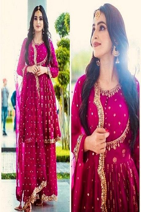 Stylish Gajari Red Color Attractive Embroidery Salwar Suits Designs