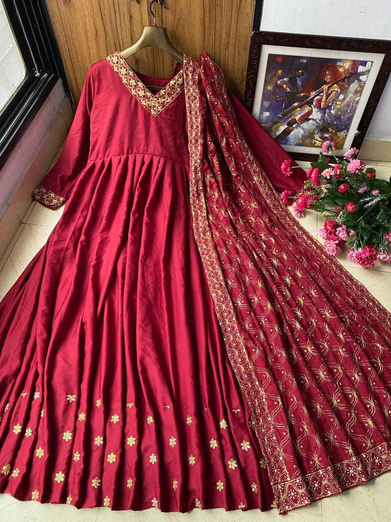 Maroon Colored Designer Wedding Wear Embroidered Gown