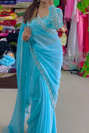 Party Wear Sky Blue Color Georgette Base Embroidery Saree collection