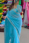 Party Wear Sky Blue Color Georgette Base Embroidery Saree collection