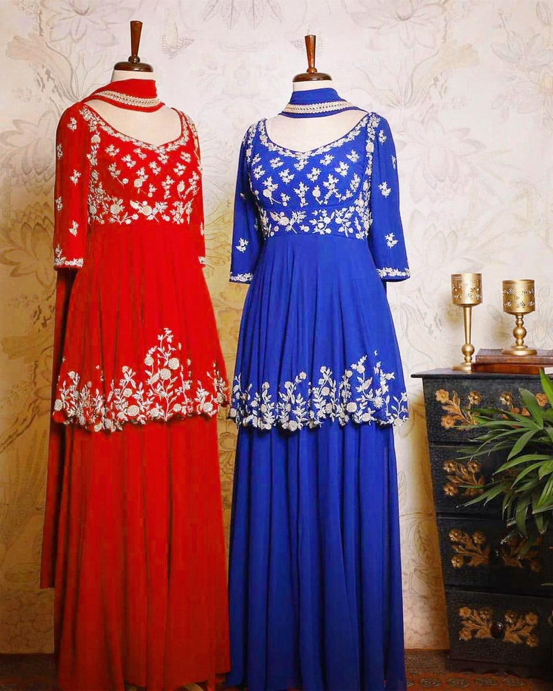 Floral Printed Designer Red & Blue Kurti Sarara