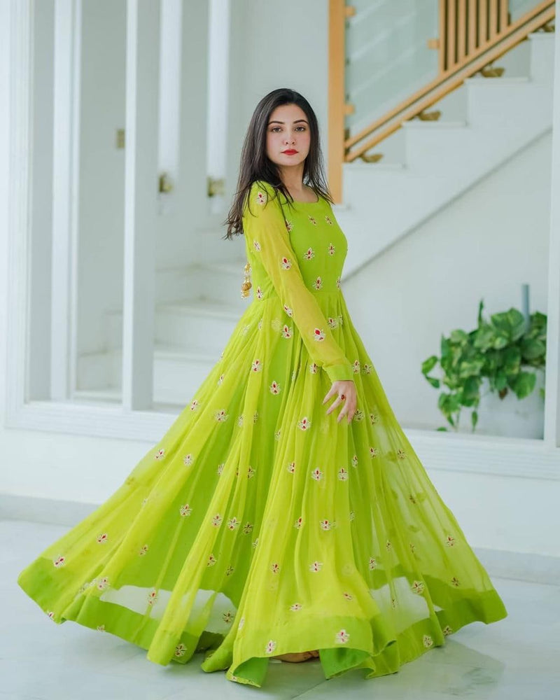 Green Color Rayon Cotton Silk Designer Party Wear Gown