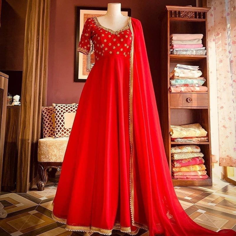 Pure Georgette Embroidery Latest Designer Red Color Gown Dress