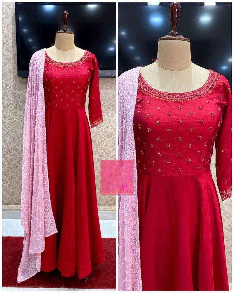 Stylish Soft Heavy Silk Anarkali Flared Red Color Gown