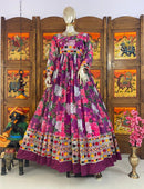 Heavy Silk Navy Wine Color Digital Printed Designers Gown