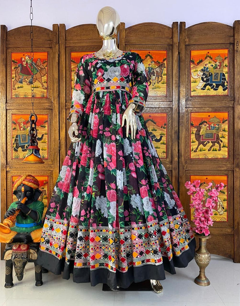 Stylish Soft Silk Black Color Anarkali Flared Heavy Gown