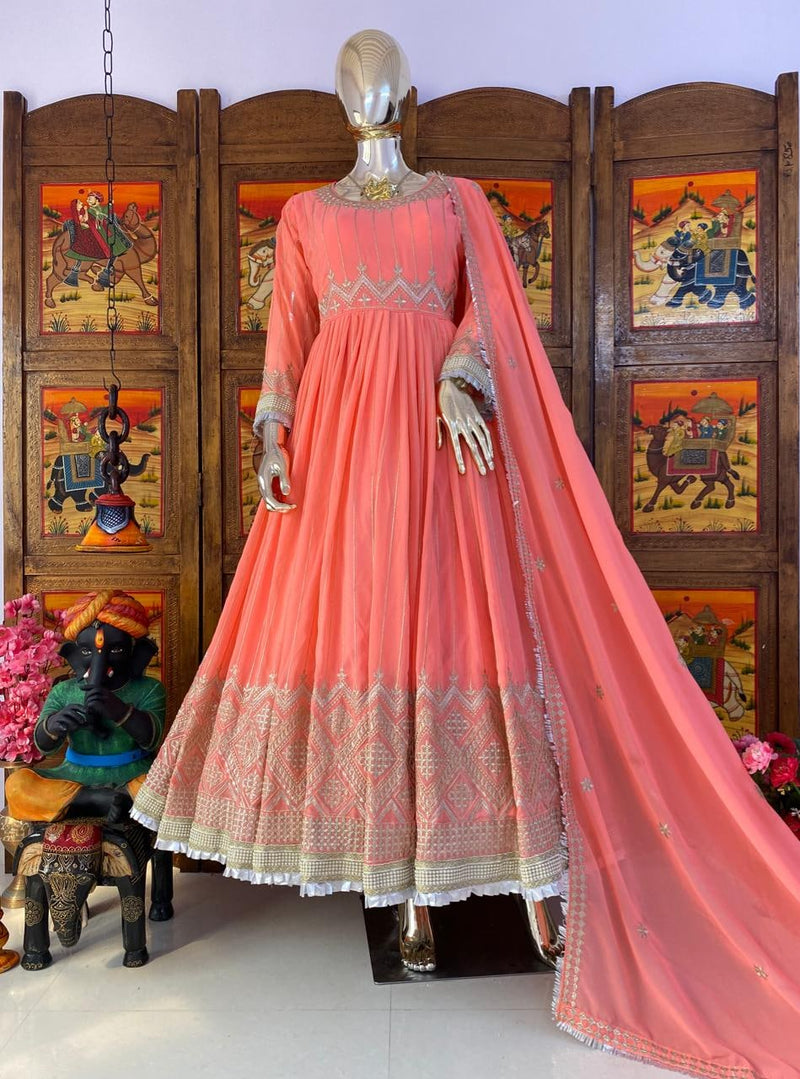 Stylish Soft Satin Light Pink Color Anarkali Flared Gown