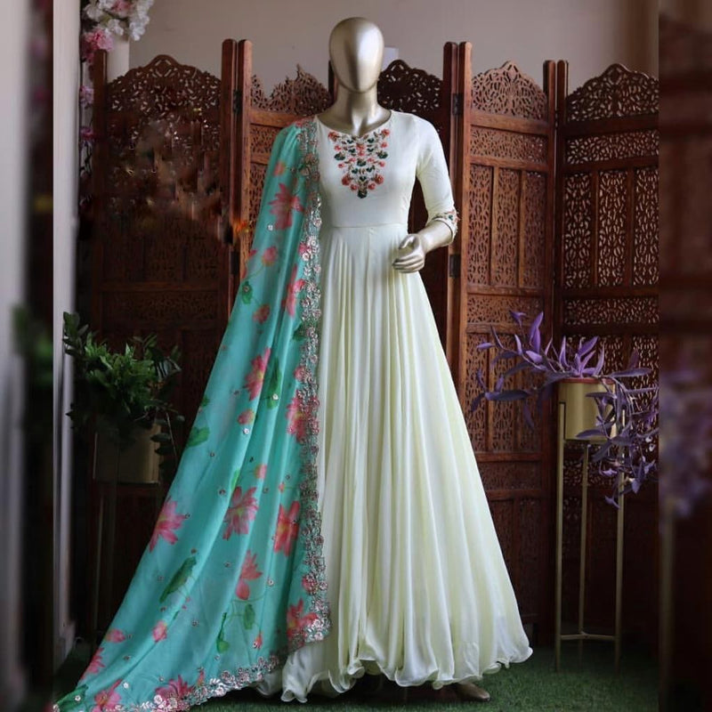 Stylish Soft Cotton Silk White Color Anarkali Flared Gown