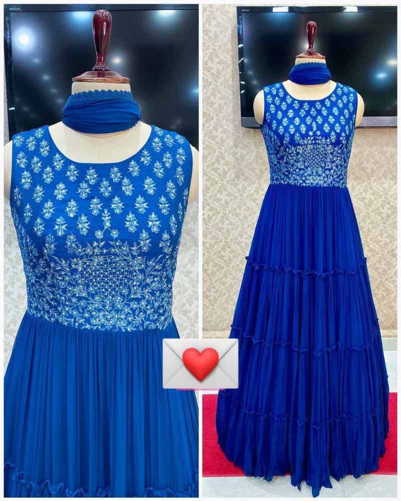 Stylish Soft Zari Silk Royal Blue Anarkali Flared Gown