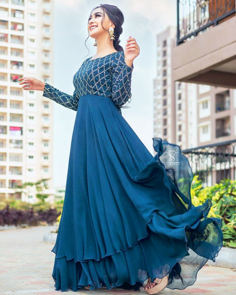 Heavy Embroidery Work Blue Color Stylish Anarkali Gown