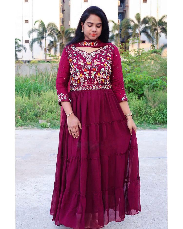 Maroon Embroidery Work Designer Gown For Girls