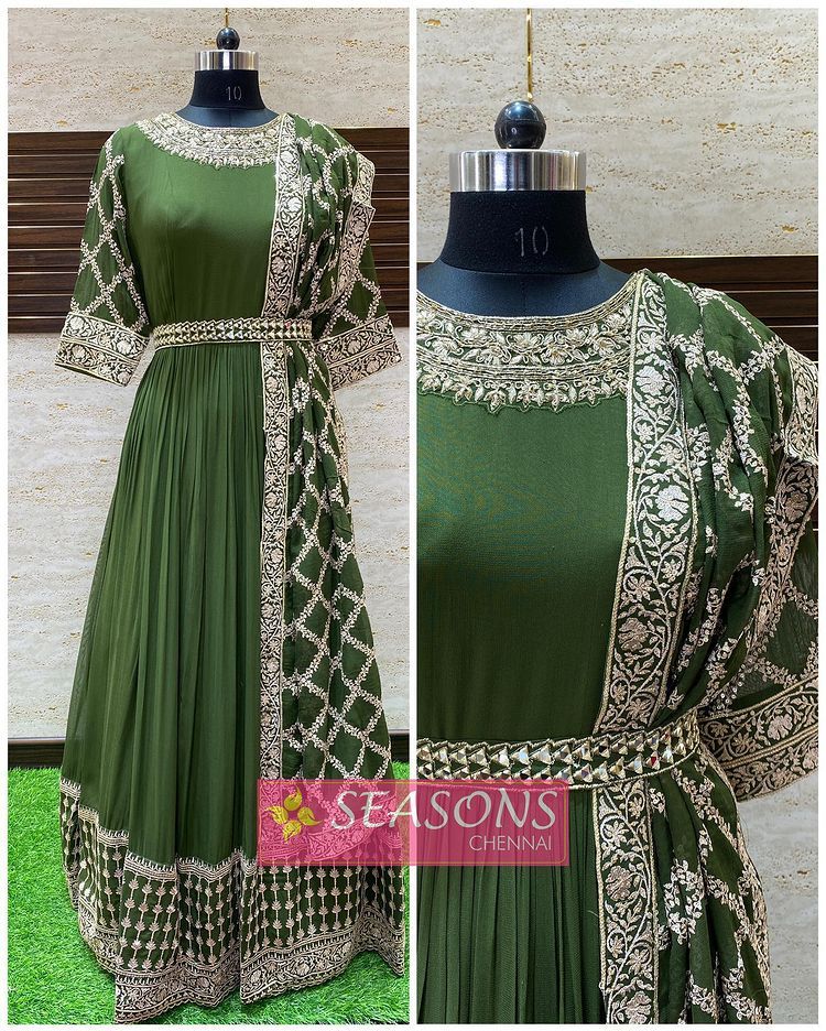 Floral Printed Designer Green Gown For Girls