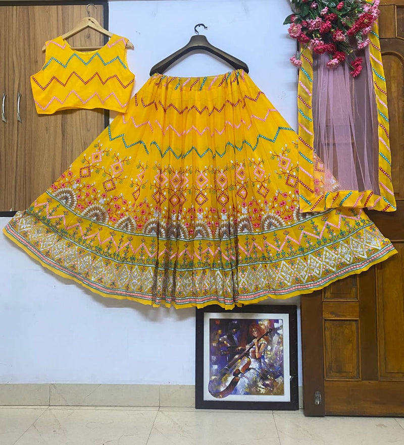 Yellow Sequence Embroidery Work Zig Zag Lehenga Choli