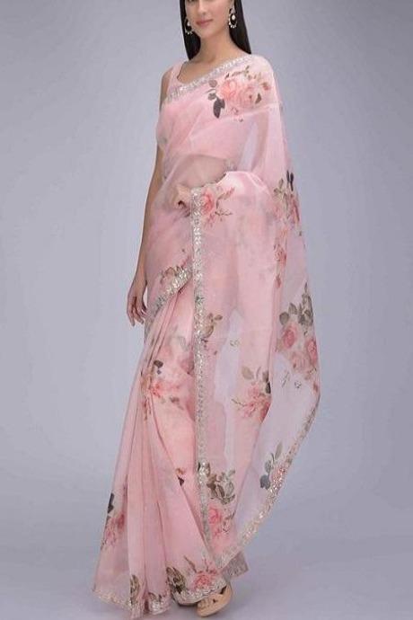 Party Wear Designer Ethnic Pure Organza Silk Fancy Pink Saree SY 6013