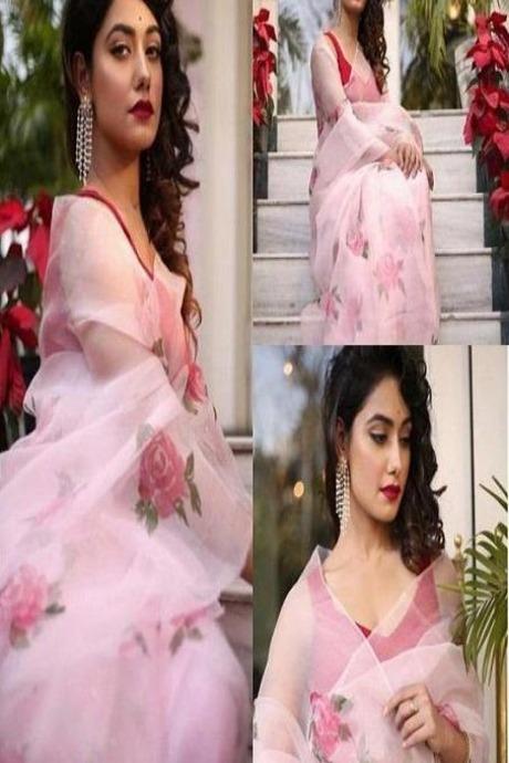 Designer Ethnic Organza Silk Fancy Pink Printed Saree SY 5959