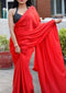 Delicate Red Color Satin Soft Silk Designer Plain Saree for daily wear