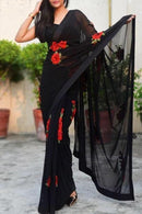 Designer One piece Satin Soft Silk Black colored Digital Printed Sari SY 6343