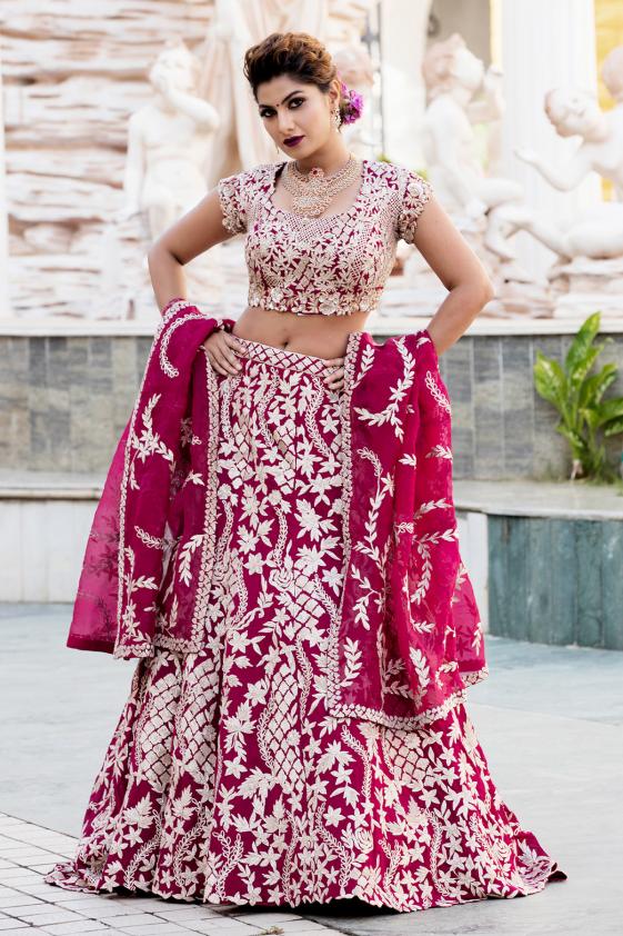 Women's Rani Pink Taffeta Silk Embroidery Work Lehenga Choli