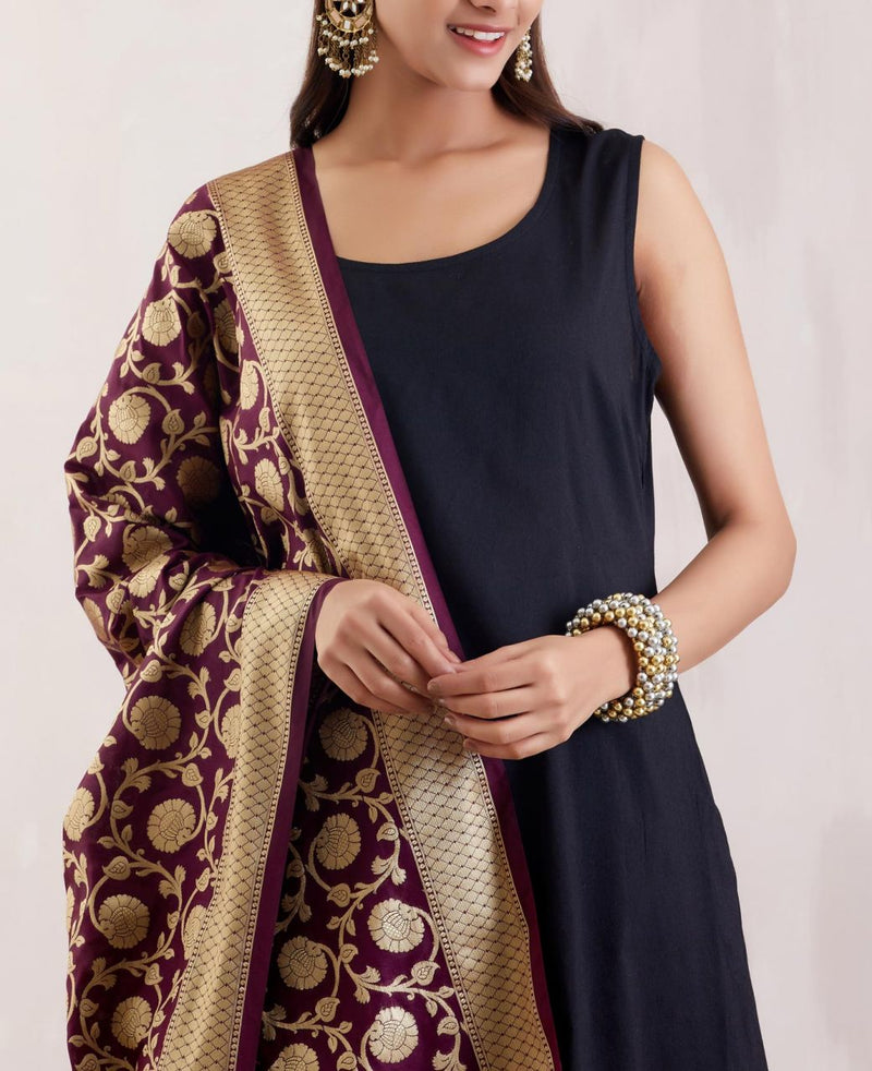 Banarasi Silk Wine Floral Dupatta