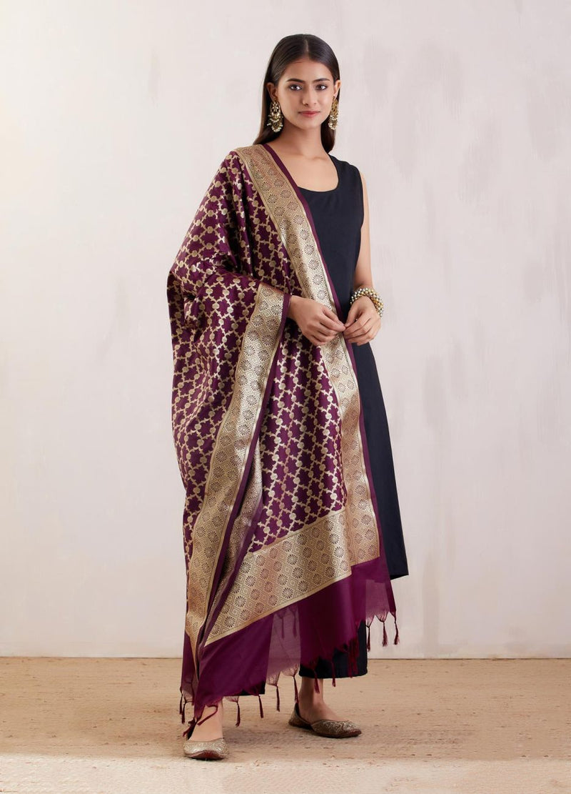 Banarasi Silk Wine Jaal Dupatta