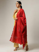 Red Silk Chanderi Scalloped Dupatta With Zari Embroidered Floral Motifs