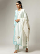 Off White Silk Chanderi Scalloped Dupatta With Zari Embroidered Floral Motifs