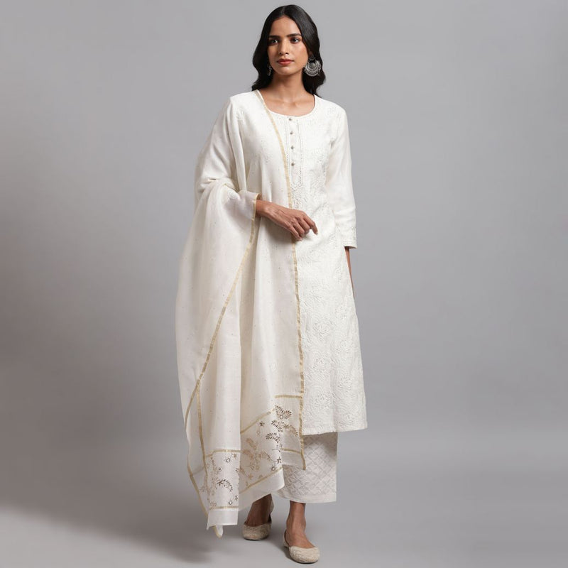 White Embroidered Cotton Dupatta