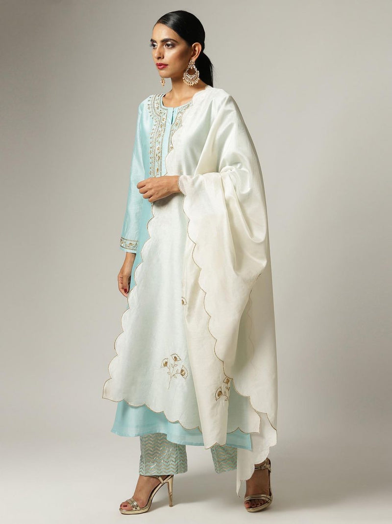 Off White Silk Chanderi Scalloped Dupatta