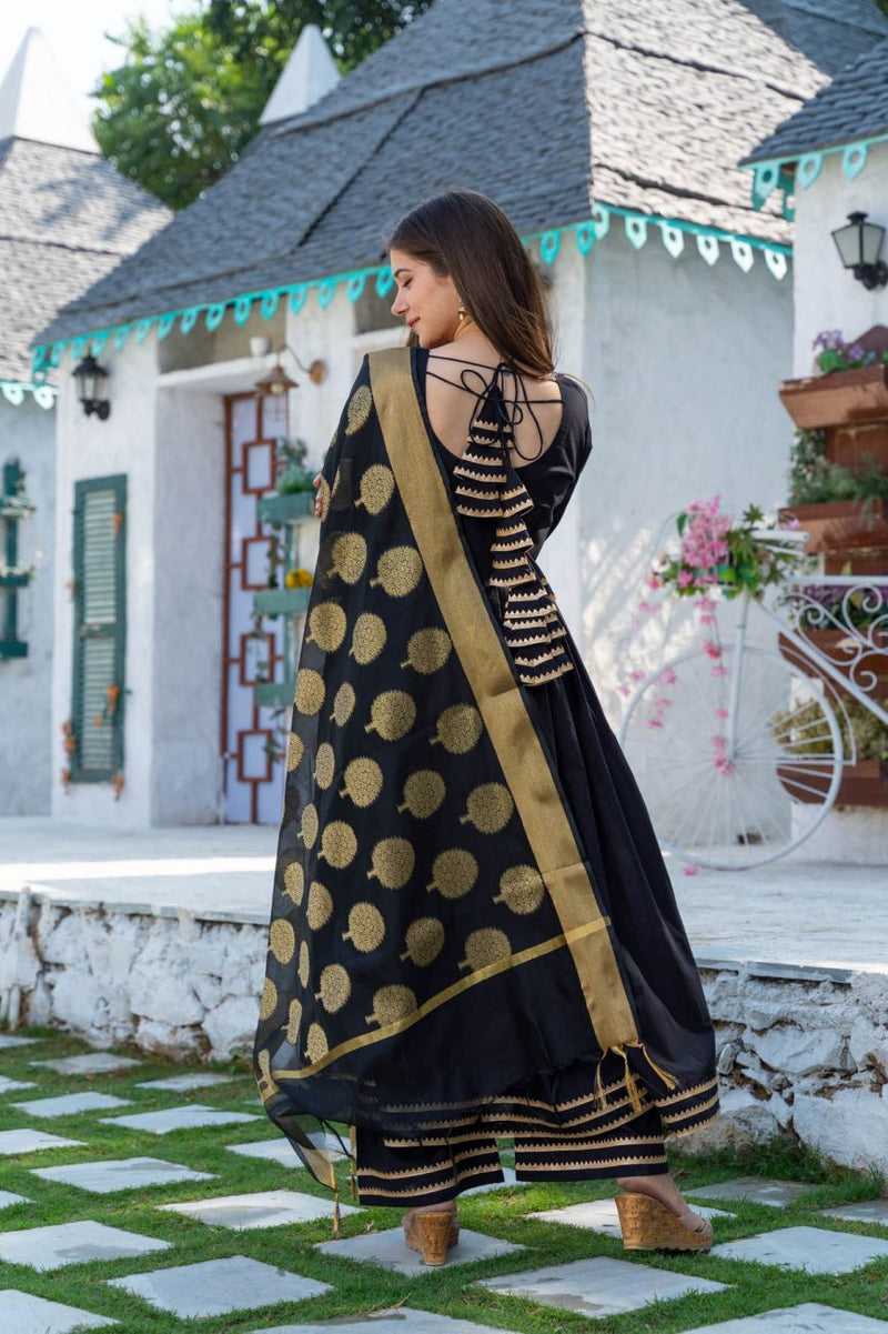 Black Cotton Kurta Set With Chanderi Dupatta